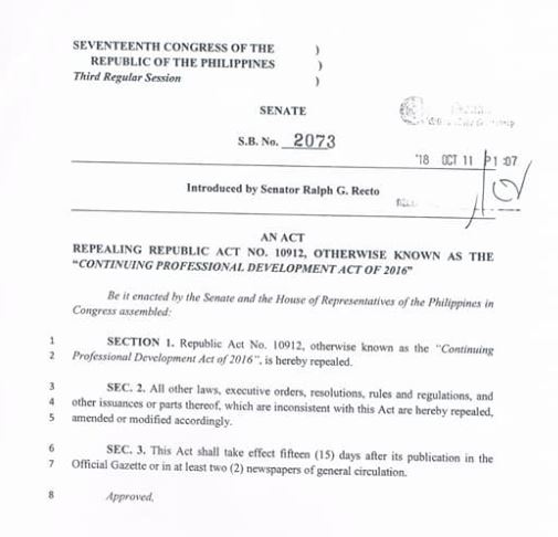 Recto's bill to abolish CPD Law now filed in Senate