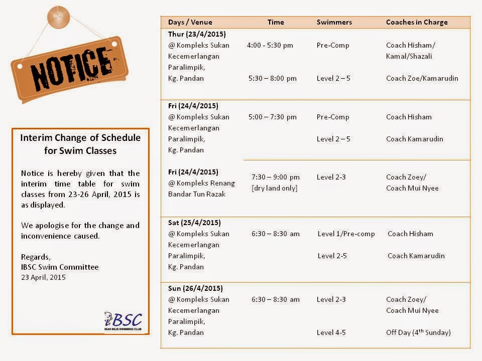 Ikan Bilis Swimming Club (1971) KL: Interim Change of Swimming Schedule - 23-26 April, 2015 Ikan Bilis Swimming Club (1971) KL: Interim Change of Swimming Schedule - 23-26 April, 2015