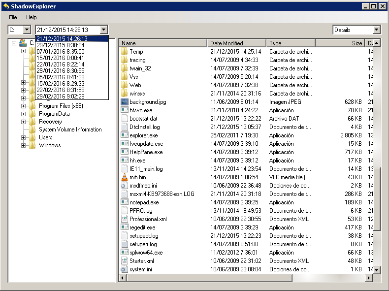 Shadow Explorer Recuperar información a través de instantáneas