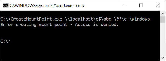 Using CreateMountPoint on \\localhost\c$\abc gives access denied.