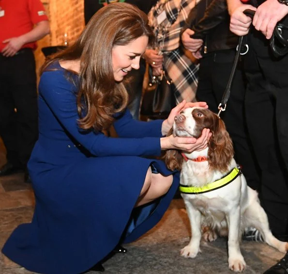 Kate Middleton wore Emilia Wickstead Kate a-line wool crepe dress in navy blue. Poppy Collection the first world war diamond brooch