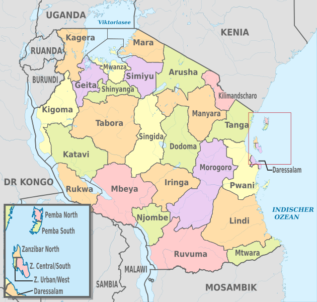 Peta pembagian wilayah administratif Tanzania