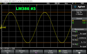 The time domain output with my LM386 driven to the point where I can just detect signs of distortion: 5.71 Vpp or 520 mW.