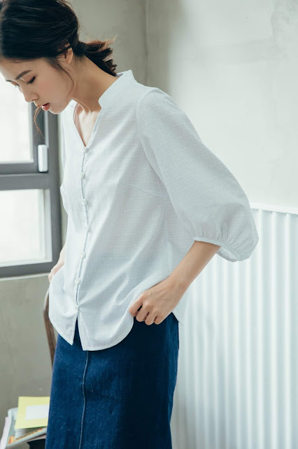 復刻-格子描圖紙 V領寬口袖襯衫