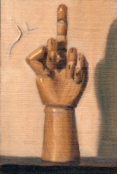 Oil painting of a wooden artist's model hand, facing away from the viewer, with the middle finger extended.