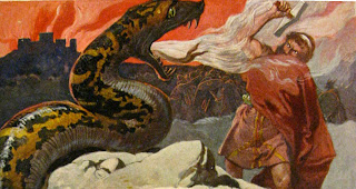 Thor fighting Jörmungandr during Ragnarök