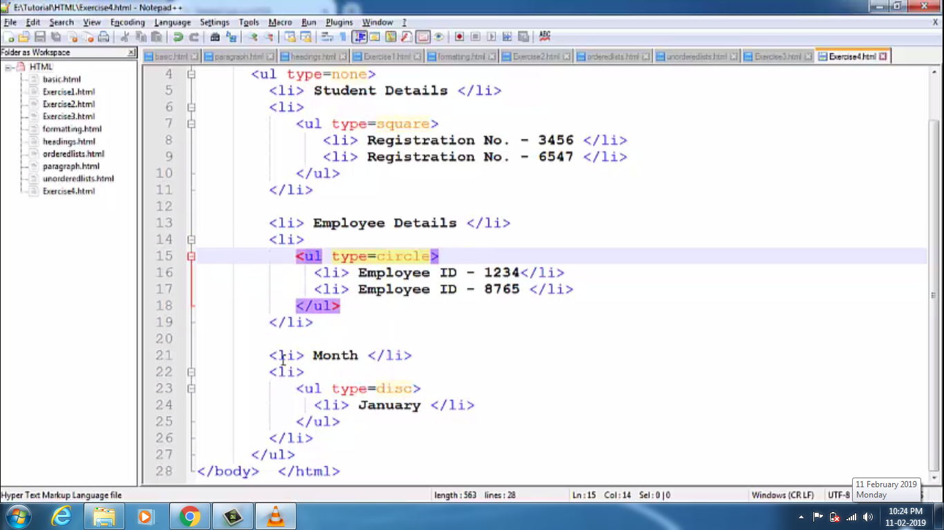 HTML - Exercises 4 - Nested Lists