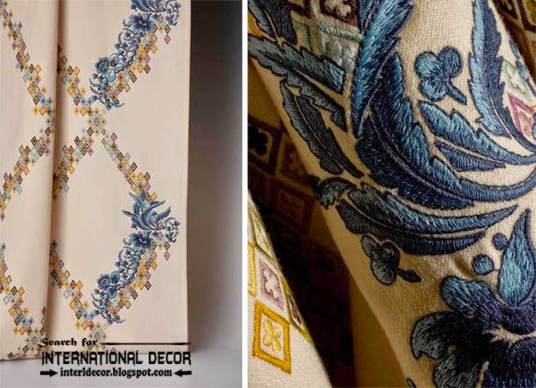 Luxurious embroidered fabric for curtains, drapes and bedspreads, embroidery patterns