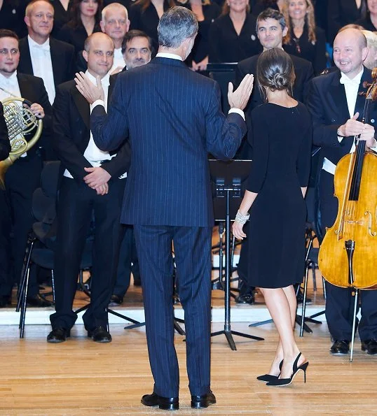 Queen Letizia wore Emporio Armani Ruffle Side Dress. Princess of Asturias Awards Concert held at the Prince Felipe Auditorium in Oviedo