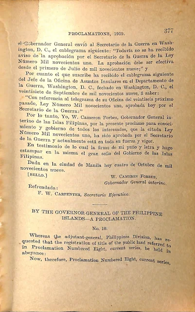 Proclamation No. 10 series of 1909 in English. Proclamation No. 10 series of 1909 in English.