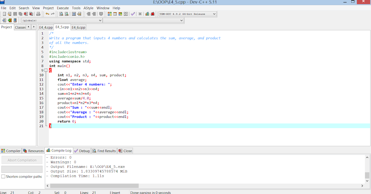 5. Program that inputs 4 numbers and calculates the sum, average, and ...