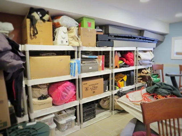 basement storage shelving mess