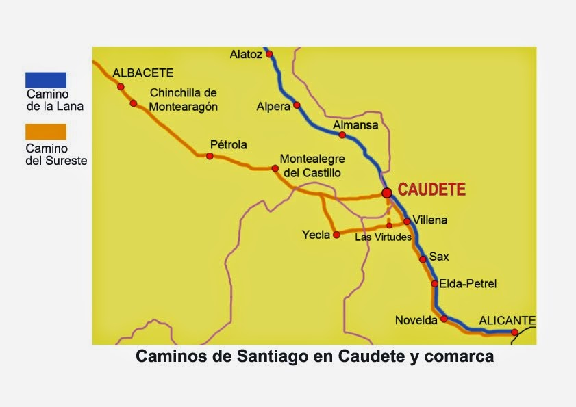 MAPAS DE LOS CAMINOS DE SANTIAGO EN CAUDETE: COMARCA, PROVINCIA DE ALBACETE Y CASTILLA LA MANCHA