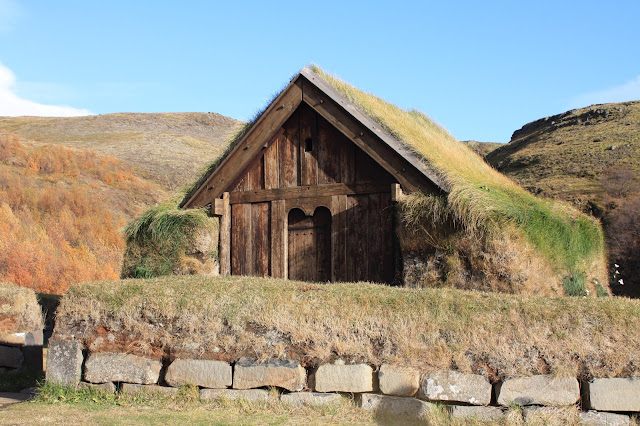Turf church at Stong Farmstead in Iceland.