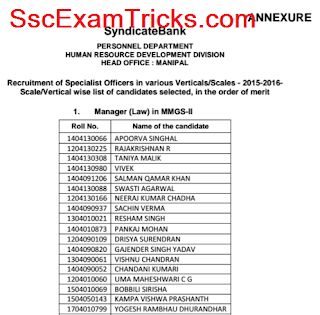 Syndicate Bank SO Final Result 2015-16 Declared