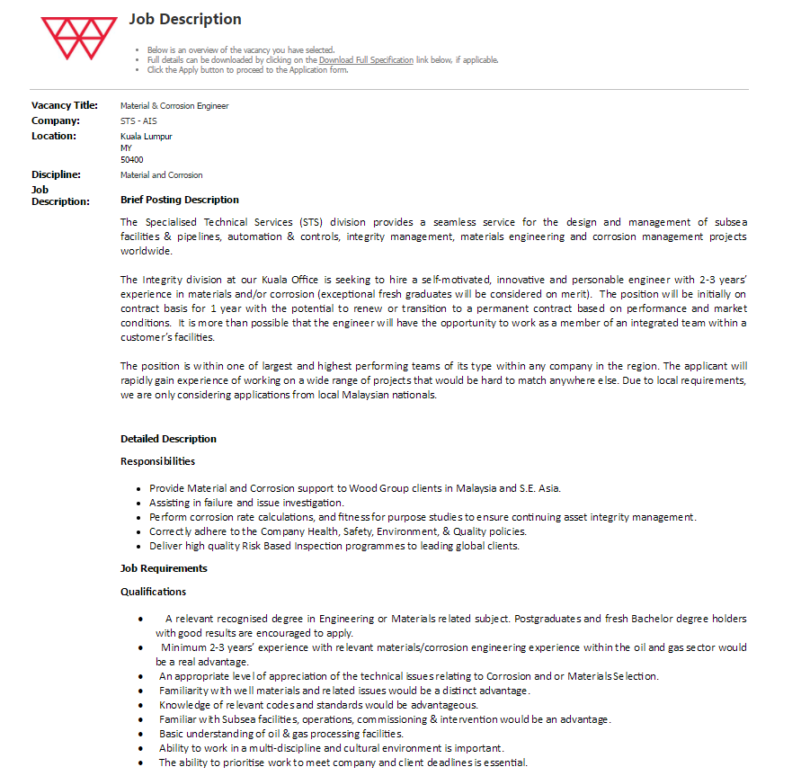 Oil &Gas Vacancies Material & Corrosion Engineer Wood Group Kuala Lumpur