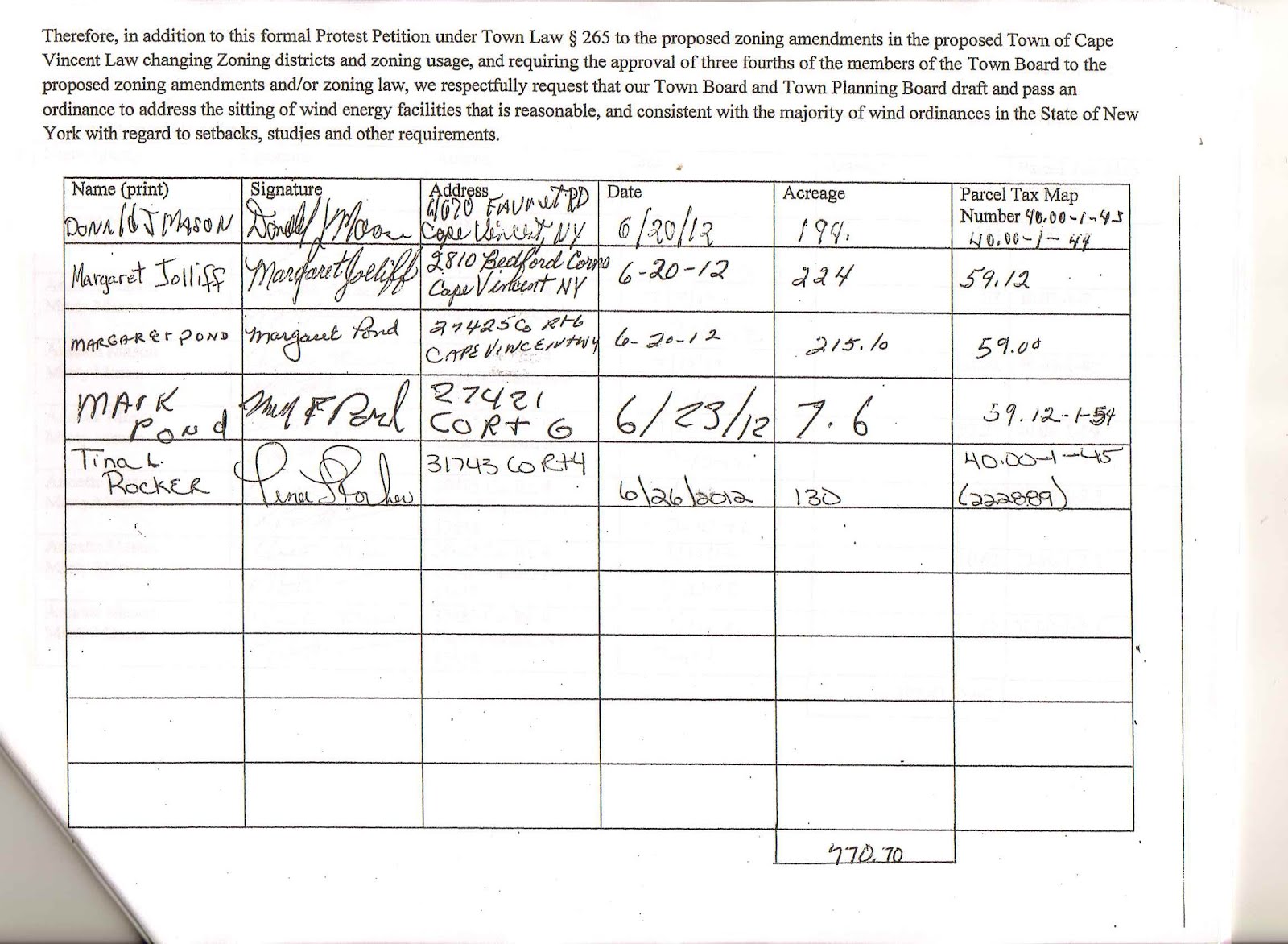Cape Vincent Wind Farm A protest petition signed by Land owners that