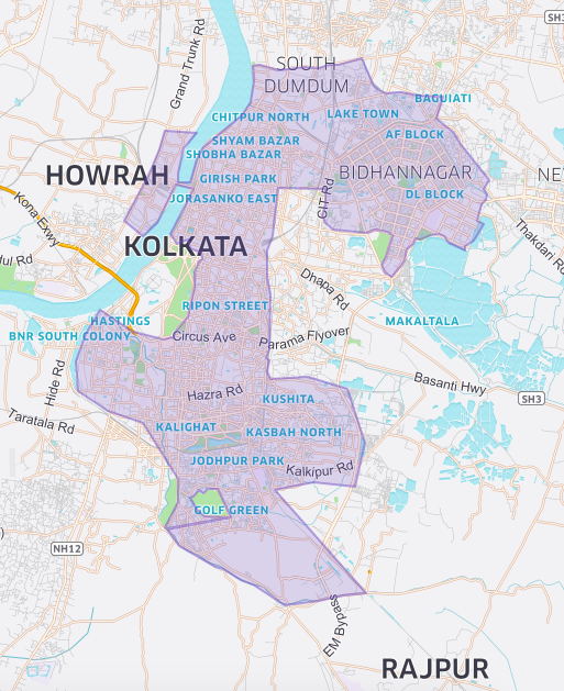 Kolkata uberPOOL coverage area