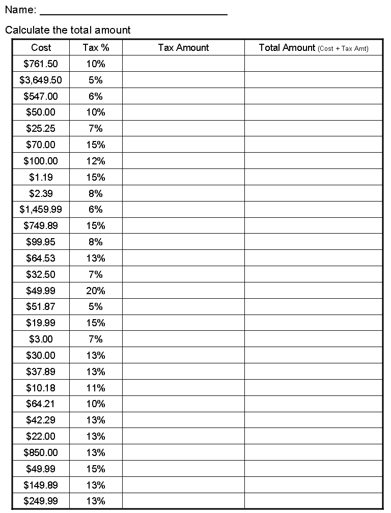 Coaching our kids with Aspergers: Math Worksheet - Calculating Tax