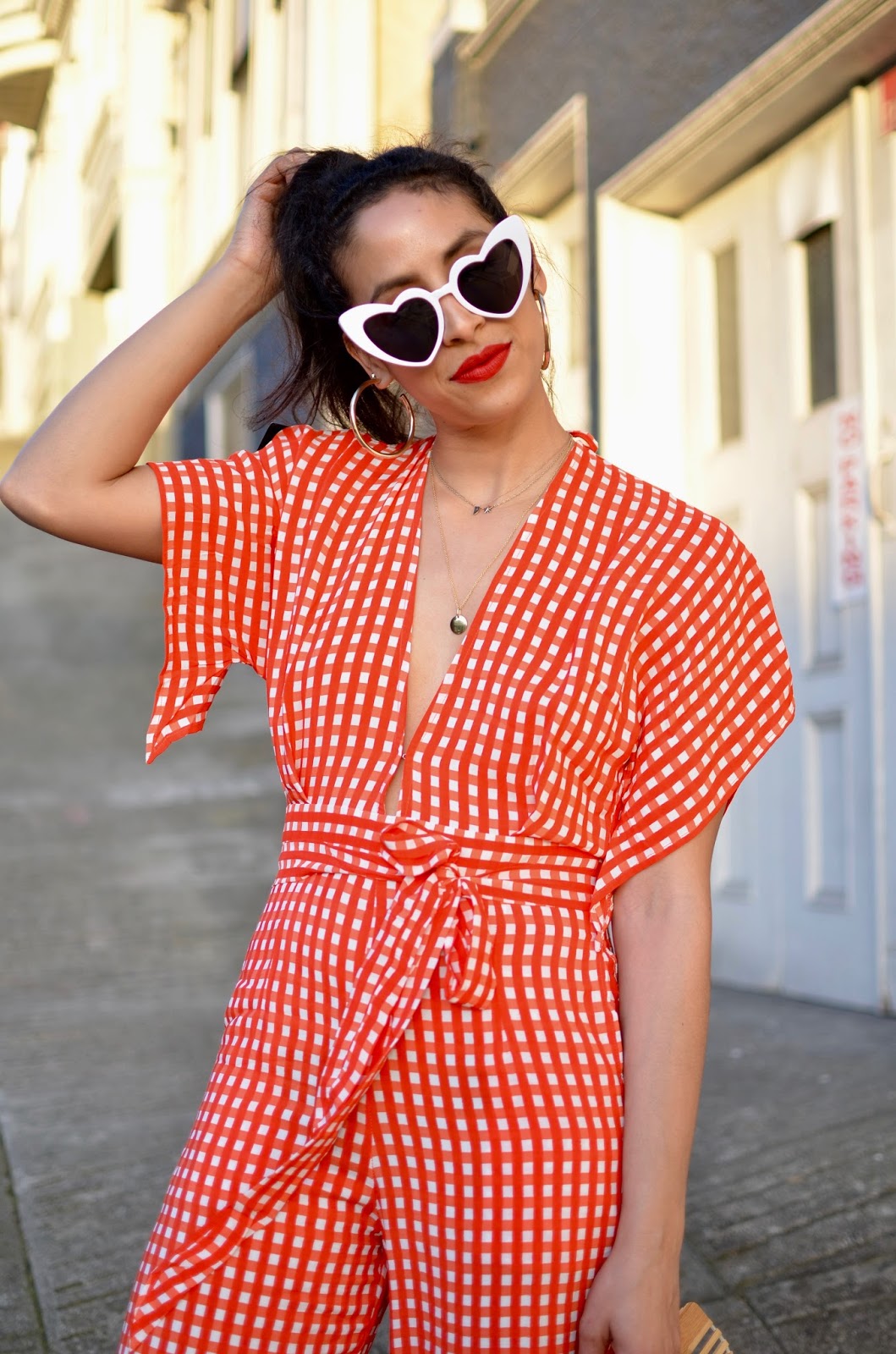 red gingham jumpsuit