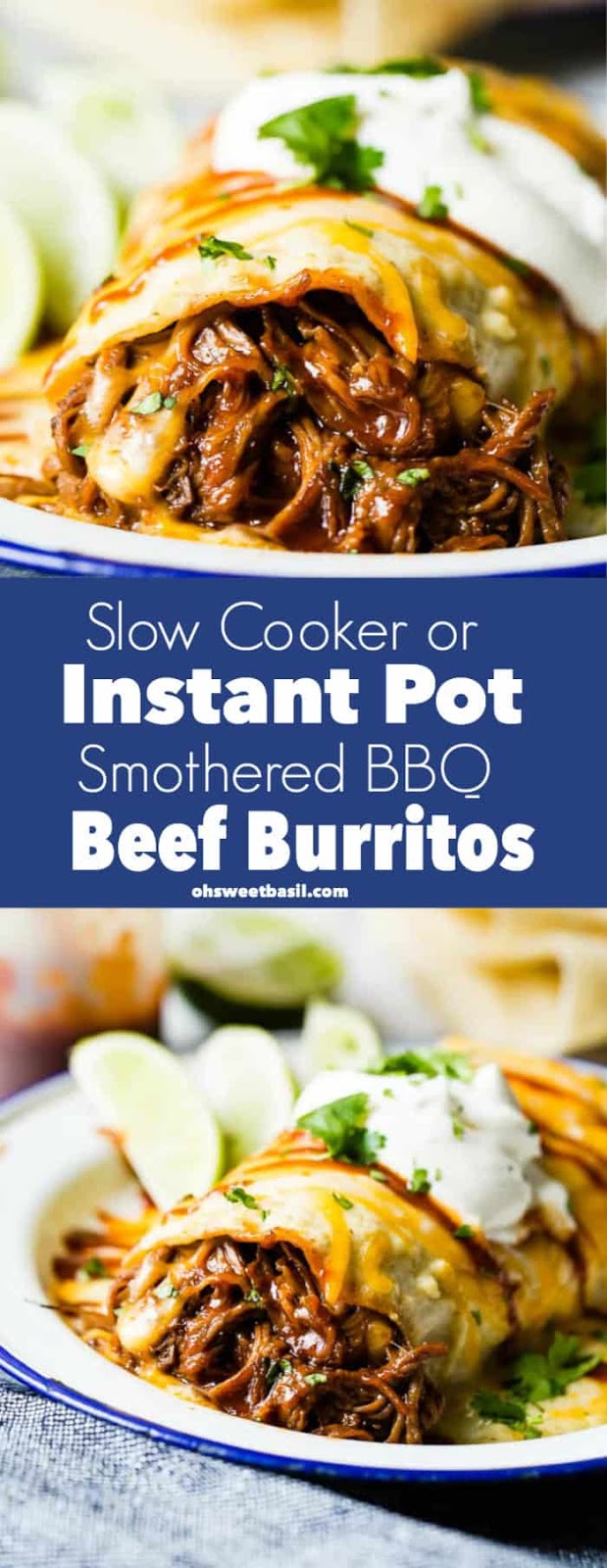 SLOW COOKER OR INSTANT POT SMOTHERED BBQ BEEF BURRITOS