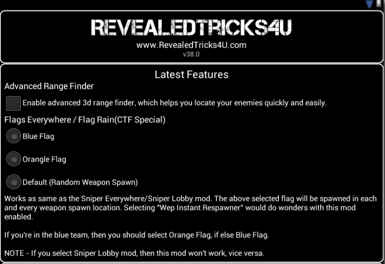 Toggle Mod Live Combo V38 0 Advanced Range Finder Flags Everywhere Flag Rain Ctf Special Insane Game Features Mini Militia V4 0 36 Works On Multiplayers Revealedtricks4u Latest And Revealed Tricks For U
