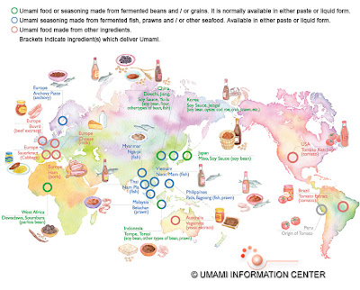 Peta dunia yang menunjukkan negara dan jenis makanan yang mengandungi rasa umami