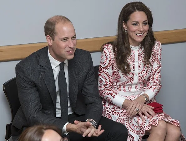 Kate Middleton wore Alexander McQueen red white patterned dress, clutch, shoes, red pumps