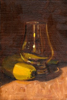 Oil painting of a banana wrapped around the base of an empty Glencairn whisky glass.