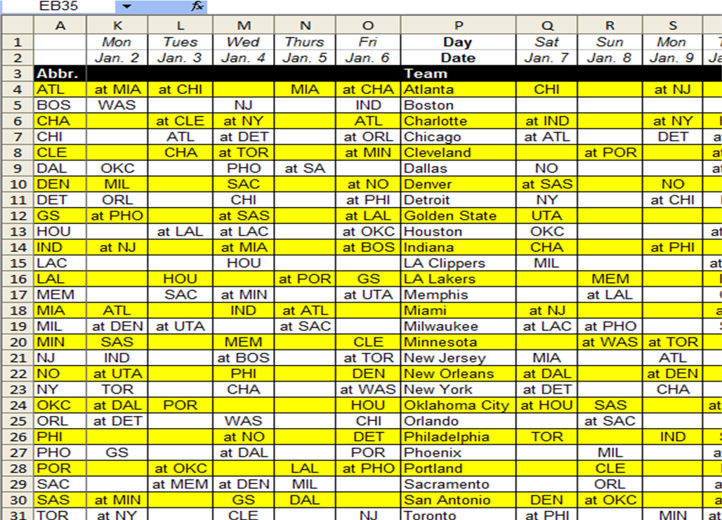 Excel Spreadsheets Help: 2011-2012 NBA Schedule ...