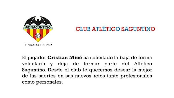 Oficial: Atlético Saguntino, rescinde contrato Cristian Micó