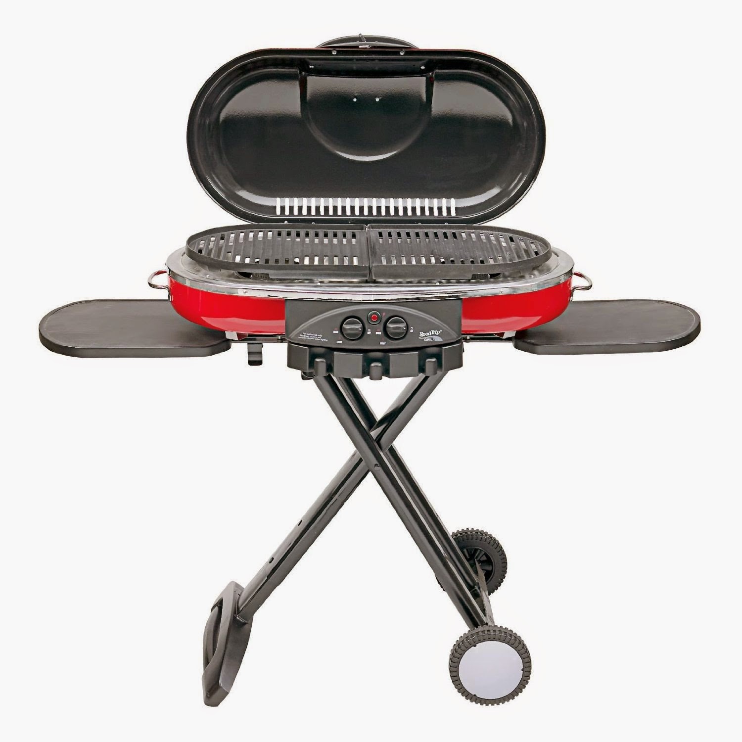 Coleman 9949-750 Road Trip LXE Propane Grill, 2 fully adjustable powerful burners, 2 porcelain coated cast iron warp resistant grates, removable grease tray, mix and match options of cooking surfaces