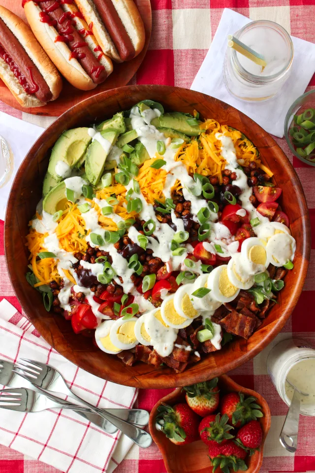 A BBQ Ranch Cobb Salad is a twist on the traditional cobb salad, topped with crisp bbq roasted chickpeas and cool, creamy Litehouse Homestyle Ranch Dressing. | The Two Bite Club | AD #SeeTheLite
