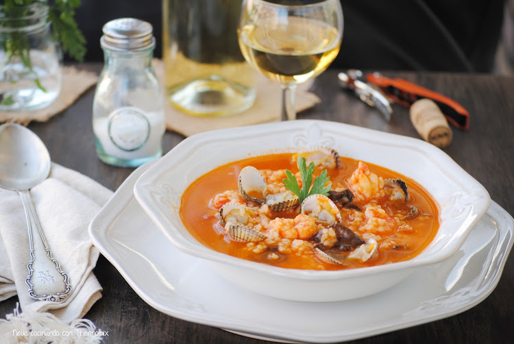 Arroz caldoso de marisco con setas con thermomix