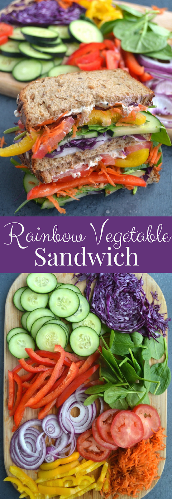Rainbow Vegetable Sandwich makes the perfect lunch with a mix of rainbow vegetables and a ranch cream cheese spread all on whole-grain bread! www.nutritionistreviews.com
