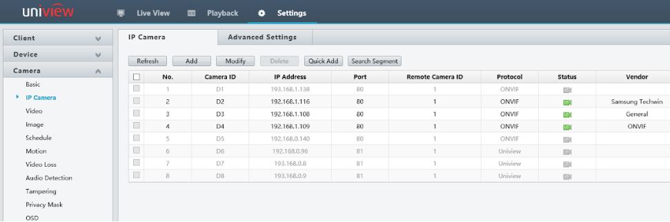 Adding a third party camera to a Uniview recorder