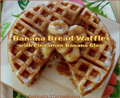 Banana Bread Waffles with Cinnamon Banana Glaze: all the flavors of a warm slice of banana bread made into a waffle with a cinnamon banana glaze over the top | Recipe developed by www.BakingInATornado.com | #recipe #breakfast