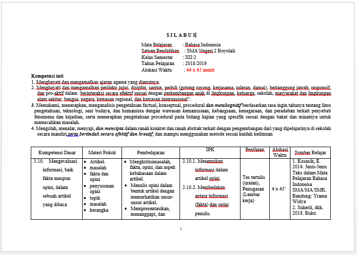 SILABUS BAHASA INDONESIA SMA KELAS XII SEMESTER 2