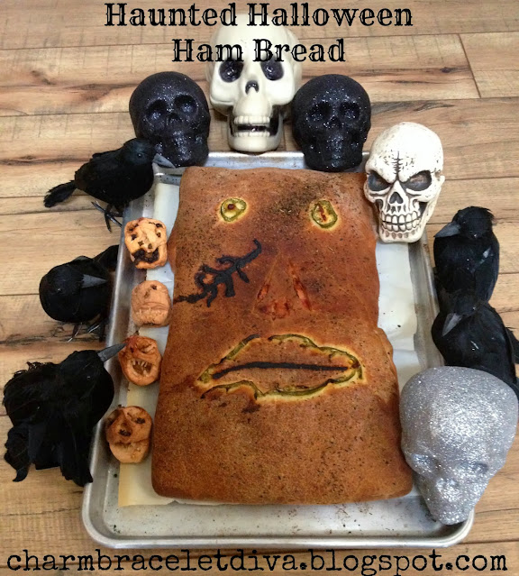 Halloween Ham Bread on tray ravens skulls