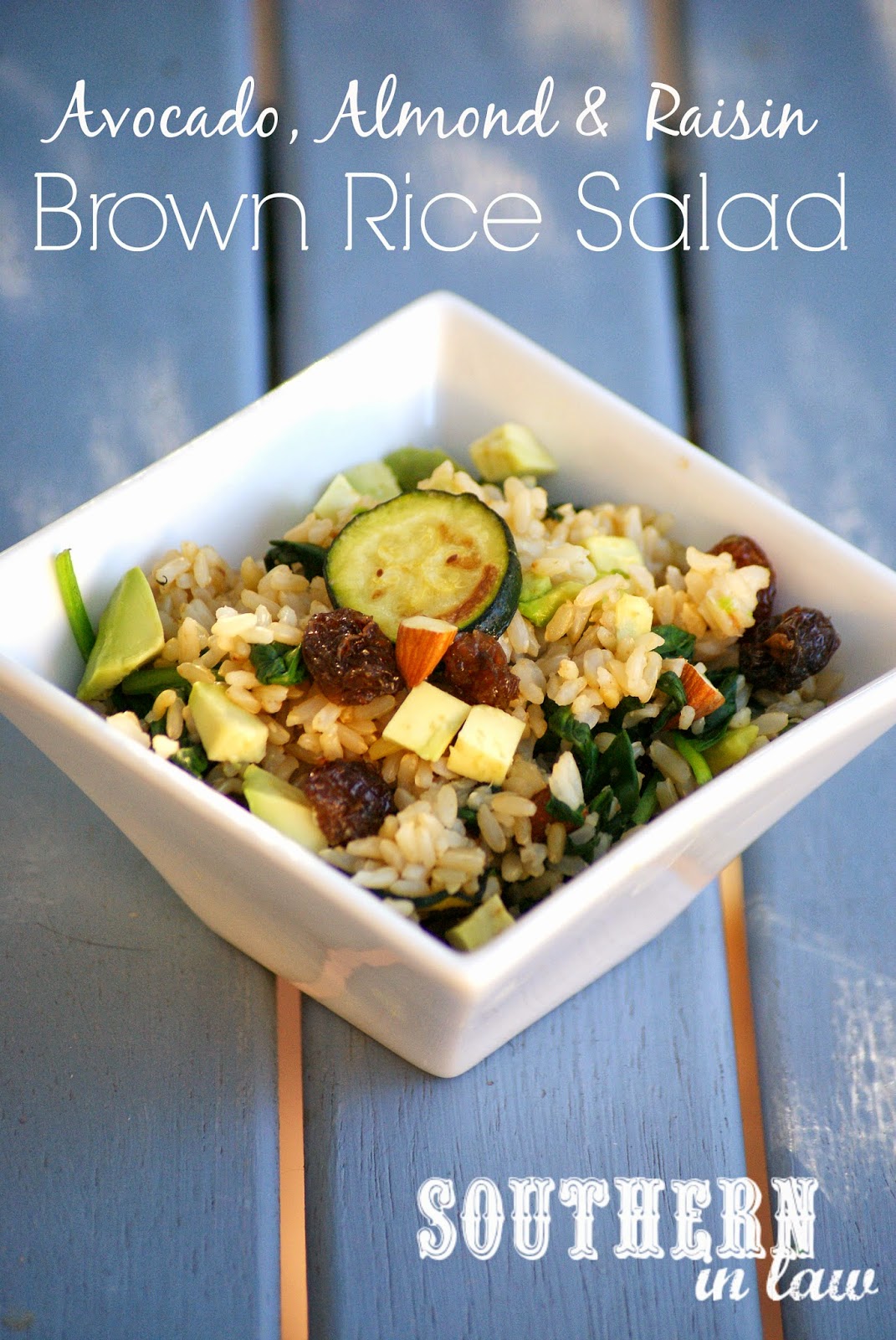 Vegan Avocado Almond and Raisin Brown Rice Salad Recipe - low fat, gluten free, healthy, vegetarian