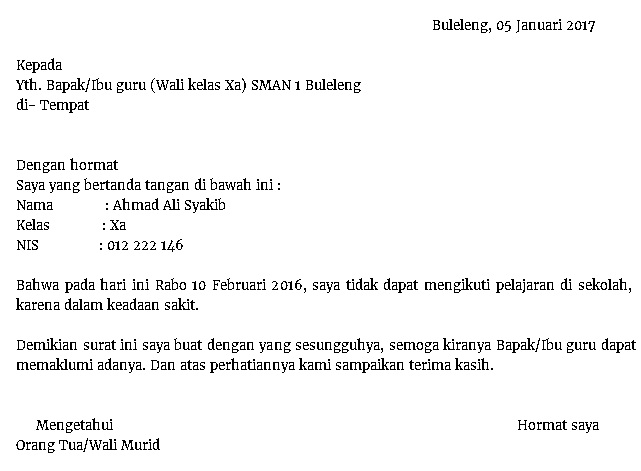 Contoh Surat Izin Sakit Tidak Masuk Sekolah Atau Izin Kerja