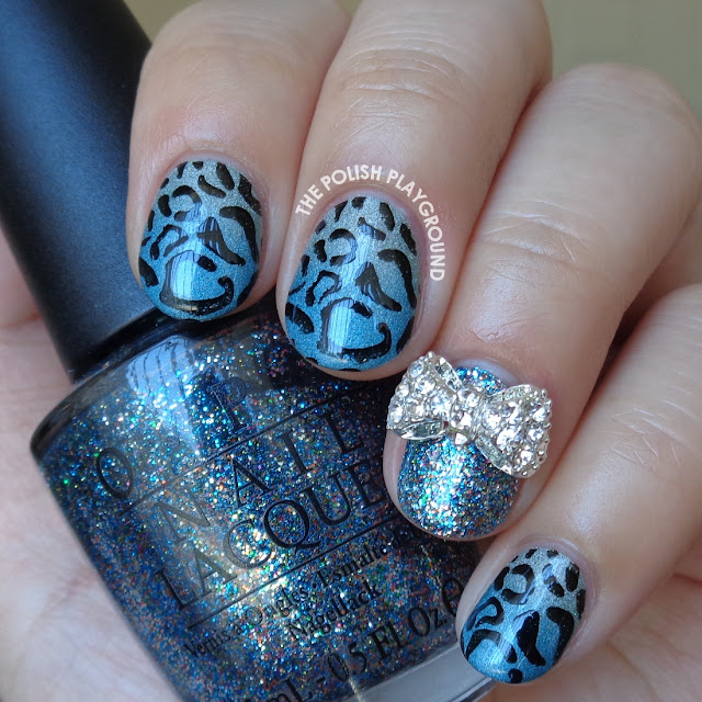 Green and Blue Holo Gradient with Leopard Print Stamping Nail Art