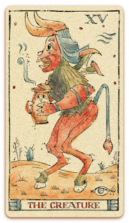 The Devil / The Creature card - Colored illustration - In the spirit of the Marseille tarot - major arcana - design and illustration by Cesare Asaro - Curio & Co. (Curio and Co. OG - www.curioandco.com)