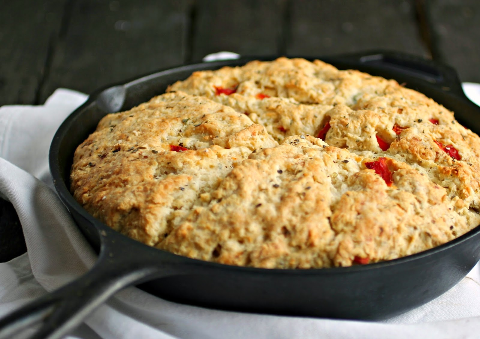 Cheesy Roasted Red Pepper Skillet Soda Bread
