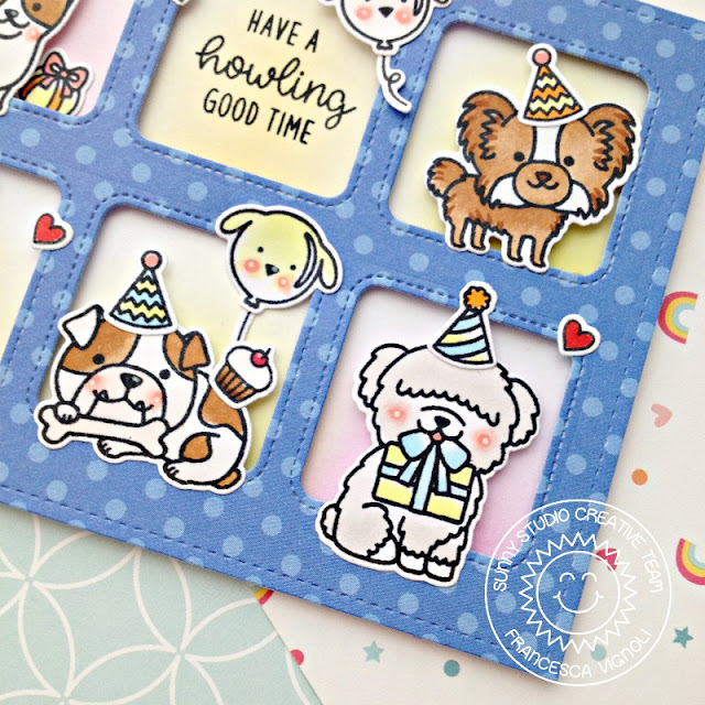 Sunny Studio Stamps: Party Pups Window Trio Squares Grid Birthday Themed Card by Franci Vignoli