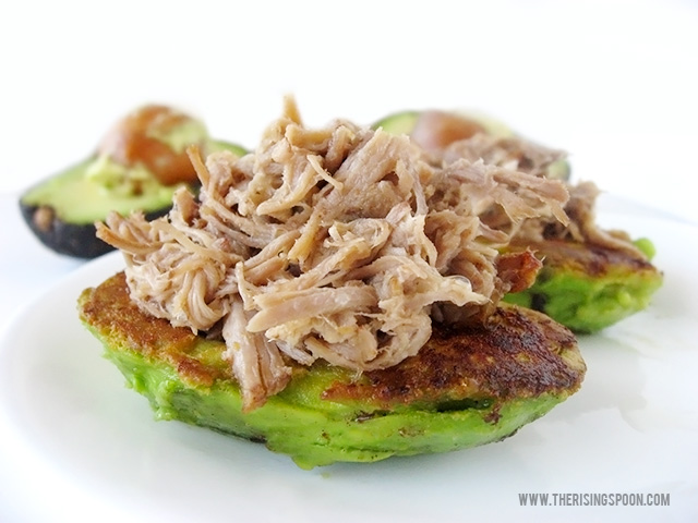 Sliced pan-fried avocado halves stuffed with slow cooked pulled pork and fresh squeezed lime juice. It's a delicious low-carb, high protein dish with healthy fats that you can serve as breakfast, lunch, dinner or an appetizer.