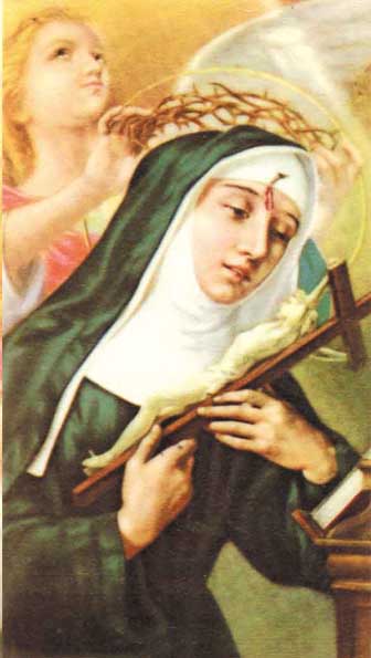 Santa Rita vestida de monja mirando un crucifijo y un angel detras le pone una corona de espinas