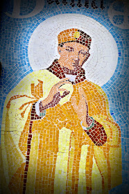 Detail of religious man modernista mosaic at Hospital de Sant Pau, Barcelona