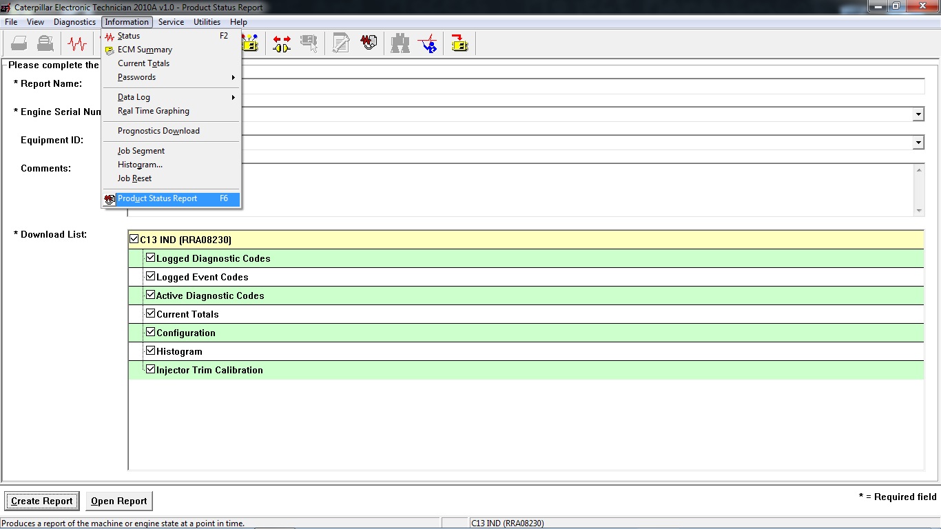 Create Product Status Report (Download List) on Caterpillar ET Software