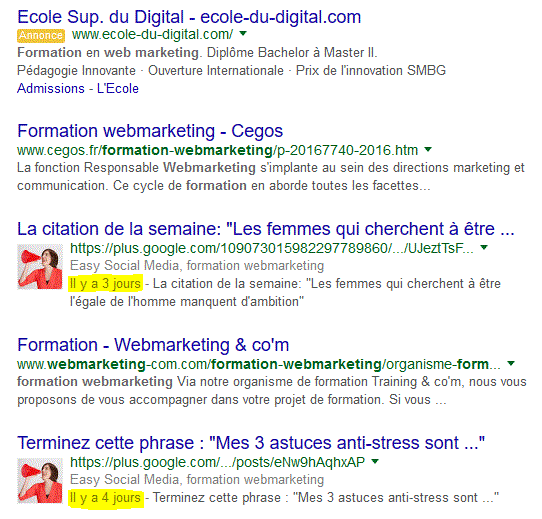 2 publications google plus en page 1 serp de Google